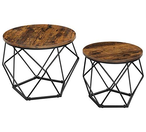 VASAGLE Couchtische, 2er Set, Beistelltische, geometrische Wohnzimmertisch mit Korbfunktion, dekorativ, robust, Stahlrahmen, für Wohnzimmer, Schlafzimmer, vintagebraun-schwarz LET040B01