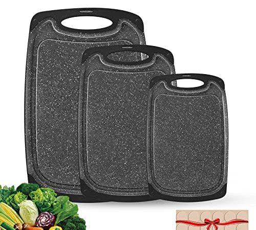 ZKINSUN Schneidebrett Kunststoff 3er Set, Schneidebrett Schwarz,100% Rutschfeste mit Saftrille und Griff, Antibakteriell, BPA-frei, Spülmaschinenfest, Frühstücksbrettchen,für Obst/Gemüse/Fleisch