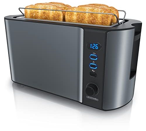 Arendo - Edelstahl Toaster Langschlitz 4 Scheiben - Defrost Funktion - wärmeisolierendes Gehäuse - mit integrierten Brötchenaufsatz - 1500W - Krümelschublade - Display mit Restzeitanzeige - Cool Grey