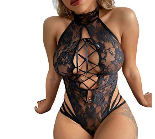 BIBOKAOKE Sexy Dessous Damen Reizwäsche Body Spitze Bodysuit Unterwäsche Strapsen Negligee V-Ausschnitt Babydoll Lingerie Erotic Nachtwäsche Damen Lace Bodys Frauen Sleepwear Jumpsuit