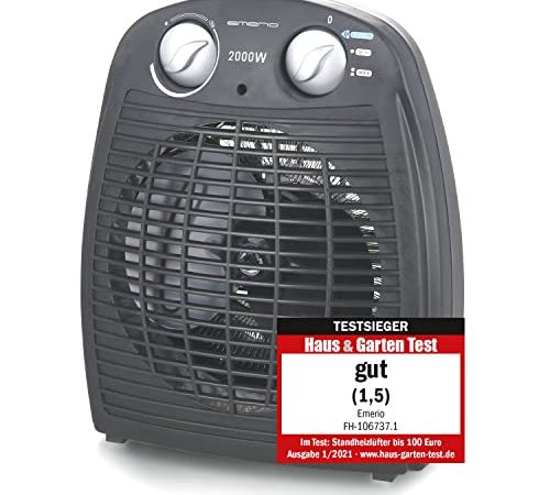 Emerio FH-106737.2, TESTSIEGER Note 1.5, Kleiner kompakter portabler Heizlüfter für 20 m², 2 Heizleistungen + Ventilatorfunktion, Verstellbarer Thermostat, Sicherheitsschalter, Handgriff, 2000 Watt