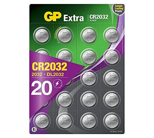 GP Extra Lithium Knopfzellen CR2032 3V, 20 Stück Knopfbatterie CR 2032 3 Volt (20x CR2032 Batterien)