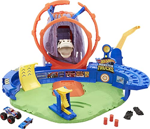Hot Wheels GYL14 - Monster Trucks T-Rex Vulkanarena Spielset mit Lichtern und Geräuschen, enthält 2 Starter, 1 Monster Truck und 1 Auto, Spielzeug Autorennbahn von 4 bis 8 Jahren