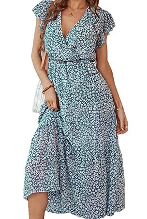 Jiraewh Damen Blumen Lange Kleid Chiffon Rüschen Kurzarm V-Ausschnitt Elegant Strandkleider Sommerkleider mit Gürtel（L-GN）