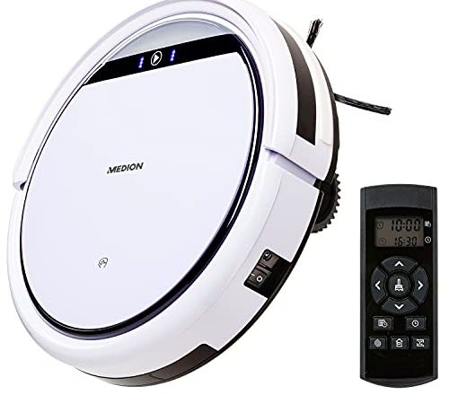 MEDION Saugroboter mit Ladestation E32 (Modell 2021, 120 Min. Laufzeit, Roboterstaubsauger für Hartböden, Fliesen, Laminat, Tierhaar optimiert, Direktabsaugung, autom. Rückkehr zur Ladestation)