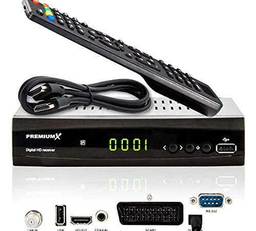PremiumX Satelliten-Receiver HD 521 FTA Digital SAT TV-Receiver DVB-S2 FullHD HDMI SCART 2X USB Multimedia-Player, 12V Externe Netzteil