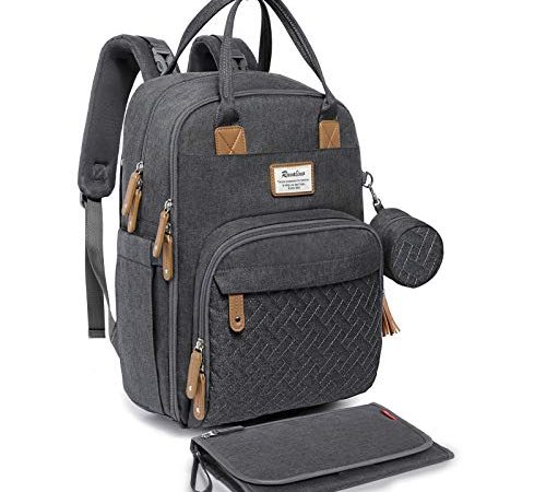 RUVALINO Baby Wickelrucksack Wickeltasche Rucksack mit tragbarer Wickelauflage, Schnullerhalter und Kinderwagengurten, Babytasche Multifunktional für Mama und Papa, Dunkelgrau