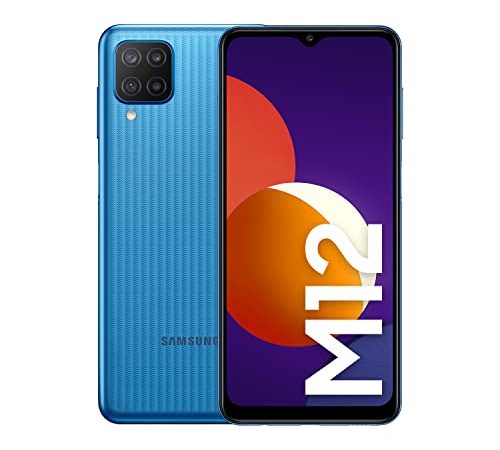 Samsung Galaxy M12 Android Smartphone ohne Vertrag, Quad-Kamera, 6,5 Zoll Infinity-V Display, starker 5.000 mAh Akku, 64 GB/4 GB, Handy in Blau, (Deutsche Version) [Exklusiv bei Amazon]