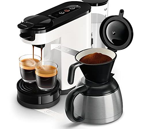 SENSEO® Philips Switch Kaffeepadmaschine und Filter – 2-in-1-Technologie, Pad- und Filtermaschine, 1 Liter Wassertank, 7 Tassen auf einem Mal, Farbe Titanweiß (HD6592/05)