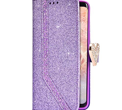 Uposao Kompatibel mit iPhone XS/iPhone X Handyhülle Leder Tasche Glitzer Kristall Strass Diamant Flip Case Cover Schutzhülle Ständer Klapphülle Handytasche Kartenfach Magnetverschluss,Lila