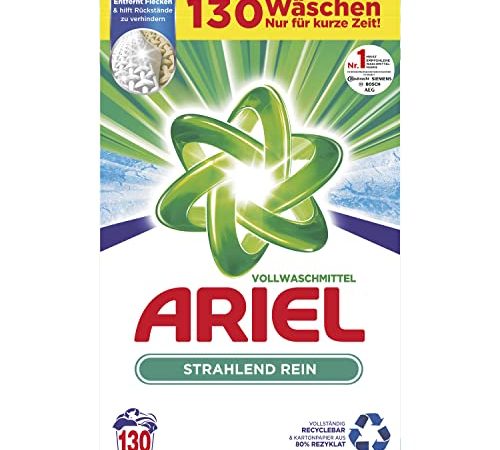 Ariel Waschmittel Pulver Waschpulver, Vollwaschmittel, 130 Waschladungen, Strahlend Rein (8,450 kg)