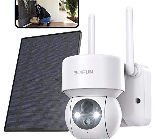 Überwachungskamera Aussen Akku 2K, BOIFUN WLAN IP Kamera Outdoor mit Akustischen Visuellen Alarm, Farbiger Nachtsicht, 15000mAh PTZ Kabellose mit Solarpanel, PIR-Bewegungsmelder, IP65 Wasserdicht