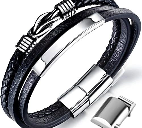 Gkmamrg Männer Armband Leder Armreif schwarz Lederband für Herren, geflochten Echtleder Breites Lerderarmband Wickelarmband mit Magnet Verschluss (Lederarmband mit Extra Glieder)
