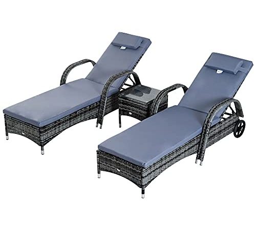 Outsunny Sonnenliege Gartenliege Tisch 3er-Set Gartenmöbel, Polyrattan+Metall Grau