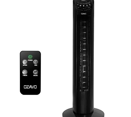 OZAVO Turmventilator, 3 Stufen Ventilator, oszillierend Standventilator, Tower-Ventilator Säulenventilator mit Fernbedienung, 74cm [Energieklasse A+++] (Schwarz-74CM) [Energieklasse A+++]