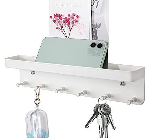 Schlüsselbrett mit Ablage, 6 Haken Selbstklebend Wand Schlüsselhalter, Kleines Schlüsselhaken für Flur, Eingangsbereich, Küche, Badezimmer (Weiß)