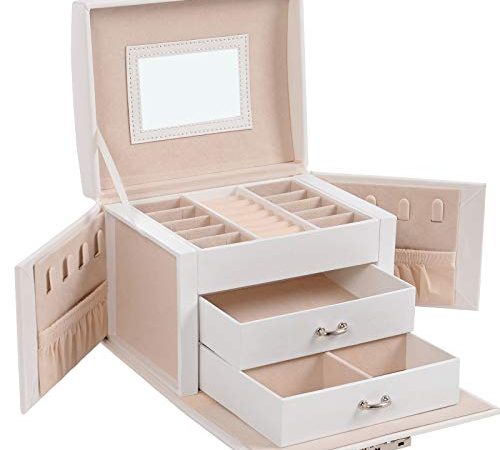 SONGMICS Schmuckschatulle, Reise-Schmucketui, tragbar, abschließbares Schmuckkästchen, mit 2 Schubladen, Spiegel, Schloss und Schlüssel, Geschenkidee, weiß JBC154W01