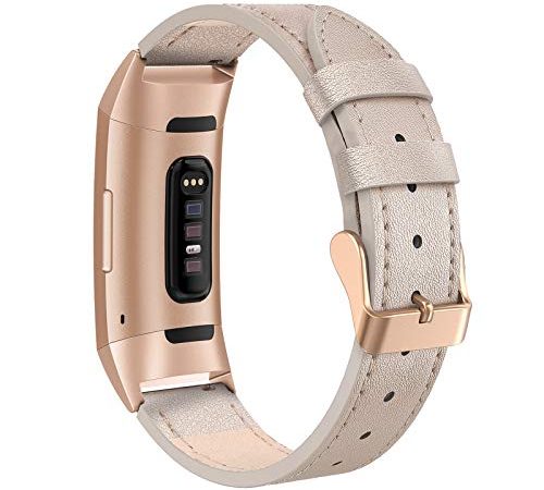 Tuocal Echtlederarmband kompatibel mit Fitbit Charge 3 Armband /Fitbit Charge 4 Armband, verstellbares Lederarmband für Fitbit Charge 3 / Fitbit Charge 4 Aktivitäts Tracker Damen Herren, Champagner