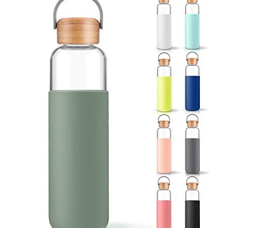 veegoal Trinkflasche Glas Borosilikatglas Wasserflasche mit Silikon Schutzhülle und Bambus-Schraubdeckel - 600 ml BPA- und Bleifrei, Spülmaschinenfest, Wiederverwendbar glasflasche