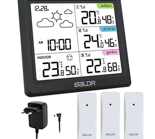 Wetterstation Funk mit 3 Außensensor, Funkwetterstation Digital Thermometer Hygrometer Innen und Außen mit Uhrzeit Anzeige, Wettervorhersage für Zuhause Büro Hausgarten