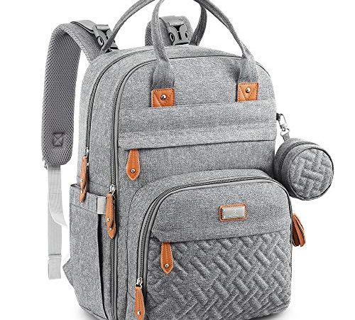 BabbleRoo Baby Wickeltasche/Rucksack, Wickelrucksack lässige Wickeltaschen, Multifunktional Große Kapazität Babytasche Reiserucksack mit Wickelauflage & Schnullerhalter (grau)