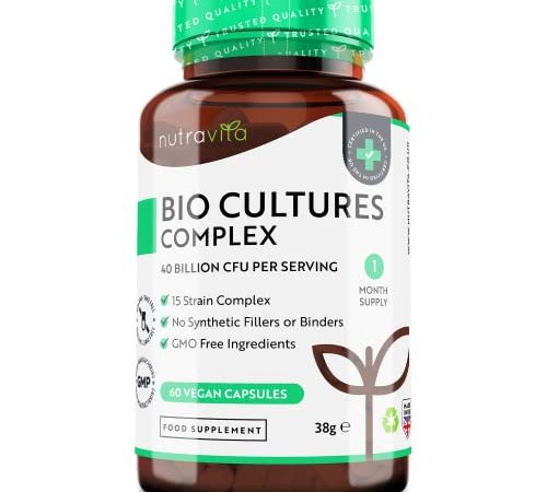 Bio Cultures Komplex – 40 Mrd KbE pro Tagesdosis mit 15 Bakterienstämmen – Hochdosiert Vegane Probiotikum Kapseln mit hoher Wirksamkeit und intensivem Wirkstoffgehalt – Hergestellt von Nutravita