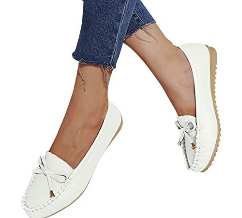 Briskorry Damen Ballerinas Schwarz Bowknot Mokassins Leder Retro Plateau Schuhe Slip On Loafers Geschlossene Freizeitschuhe Einfache Lackschuhe Flach Outdoor rutschfest Bootsschuhe