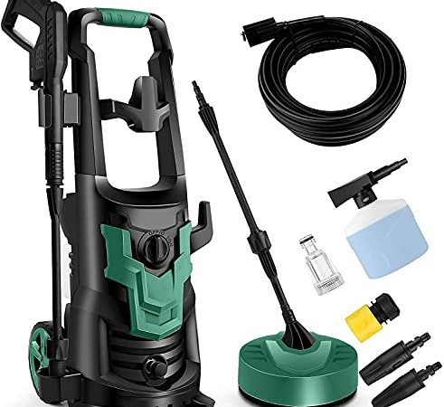 COOCHEER Hochdruckreiniger Druck:Max.160 bar,Fördermenge: 450 l/h,1700w，mit 3-in-1-Düse,5m Kabel,5m Schlauch,Wasserfilter,Hochdruckpistole für Autos/Zäune/Garten/Patios/Pool,Grün
