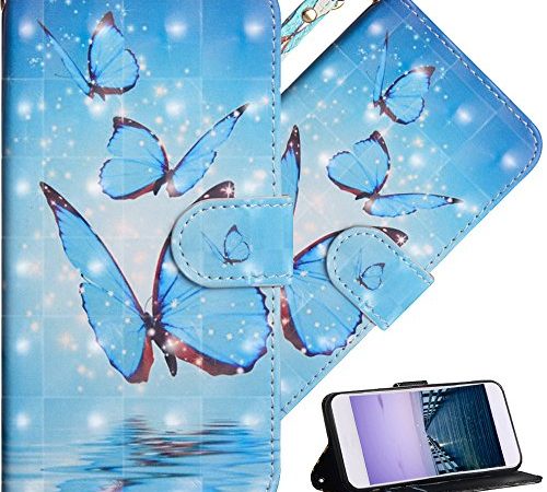 COTDINFOR Moto G6 2018 Hülle Geschenk Lederhülle 3D-Effekt Kartenfächer Schutzhülle Protective Handy Tasche Schale Standfunktion Etui für Motorola Moto G6 2018 Three Blue Butterflies YX.