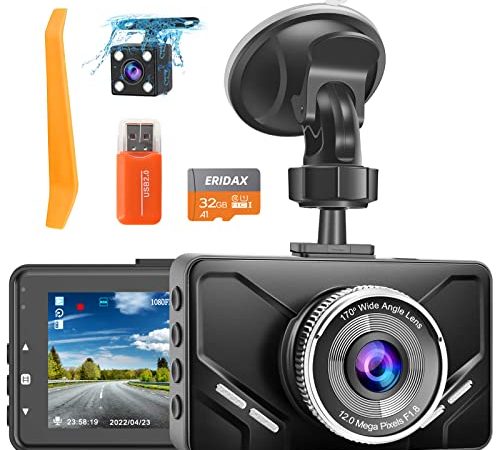 Dashcam Auto Vorne und Hinten, Dual Dashcam, Autokamera mit SD-Karte, FHD 1080P, 3 Zoll IPS Bildschirm, Nachtsicht, 170° Weitwinke, G-Sensor, Loop-Aufnahme, Bewegungserkennung, Parküberwachung, WDR