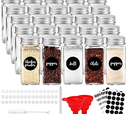 GoMaihe Gewürzgläser Set 25pcs, 4oz Glas Gewürzdosen, Gewürzstreuer in dem Gewürze Aufbewahrung, Küche Gewürzgläser Füllmenge 120 ml,10,5 x 4,3 cm Luftdichte Kappe, MEHRWEG