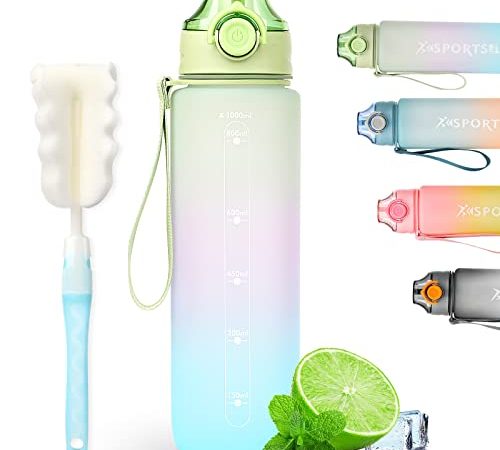 HASAGEI 1 Liter Trinkflasche Sport Trinkflasche 1 l Wasserflasche mit Verschlussdeckel und auslaufsicher, für Fitnessstudio, Schule, Radfahren, Outdoor, Sport, Fitness und Büro (grün)