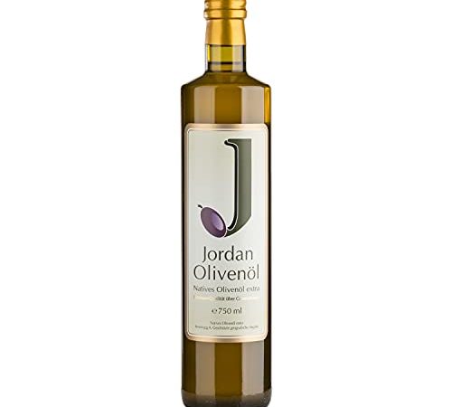 Jordan Olivenöl - Natives Olivenöl Extra von der griechischen Insel Lesbos - traditionelle Handernte - Kaltextraktion am Tag der Ernte - Elegante schmale Flasche aus Glas mit Ausgießer - 0,75 Liter