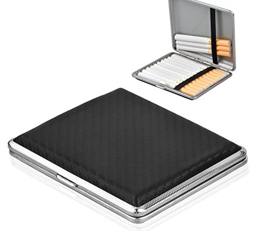 Leder Metall Zigarettenetui, 9.7 x 9.5 x 1.8cm Zigarettenschachtel Box Zigarettenbox Cigarette Case für 20 Zigaretten Tabakbox mit Gummiband und Schnappverschluss, für Hosen- und Hemdtaschen