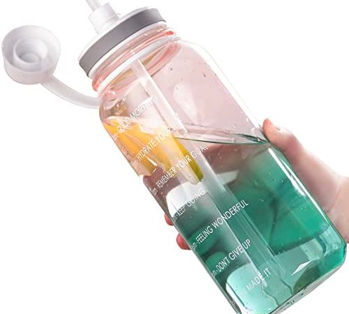 Life4u 2 Liter Motivierender Trinkflasche Glas mit Zeitmarkierung und Strohhalm, Große Wasserflasche aus Borosilikatglas - Auslaufsicher, BPA-frei