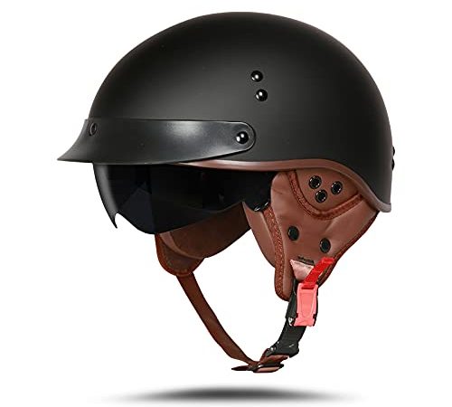 LIONCIANO Motorradhelm Mit Schutzbrille DOT/ECE-Zugelassen, Jethelm Roller-Helm Scooter-Helm Moped Mofa-Helm Chopper Vintage(Matt-Schwarz, L 59-60cm)