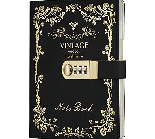 Lirener PU Lederbuch Wieder Heißprägen Tagebuch Notizbuch Notebook Skizzenbuch Journal Planer Organizer, A5 Secret Tagebuch Notizbuch mit Kombinationsschloss Stift halter Kartenfächer, 150x215mm
