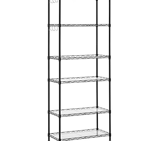 SONGMICS Küchenregal mit 6 Ebenen, Metallregal, Standregal, höhenverstellbare Gitterablage, mit PP-Kunststoffplatten, 8 S-Haken, für Küche, Wohnzimmer, bis zu 120 kg belastbar, schwarz LGR066B01