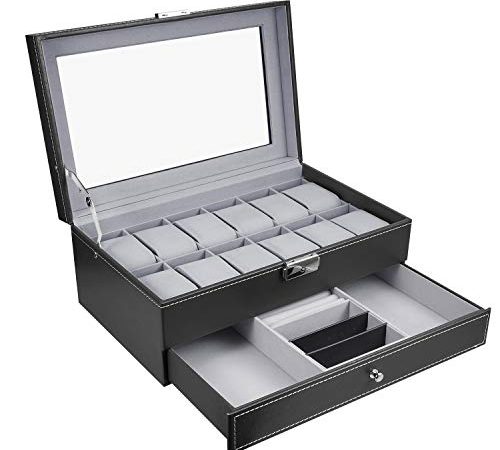Uhrenbox -12 Gitter Mens Uhren Organizer,Doppelschicht-Design Schmuckbox,abschlie?bare Uhrenkasten mit Glasdeckel,PU Leder Schmuck Vitrine f¨¹r Aufbewahrung und Display