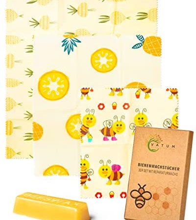 Vatum Bienenwachstücher für Lebensmittel - 3er Set aus Bio-Baumwolle - Die nachhaltige und plastikfreie Alternative zu Frischhaltefolie - Wiederverwendbare Wachstücher für Zero Waste