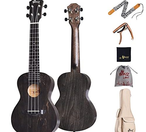 Winzz Ukulele Konzert 23 Zoll Schwarz, Ukulele Erwachsene Kinder Anfänger Set mit Ukulele Kapodaster, Ukulele Gurt, Ukulele Tasche und Poliertuch