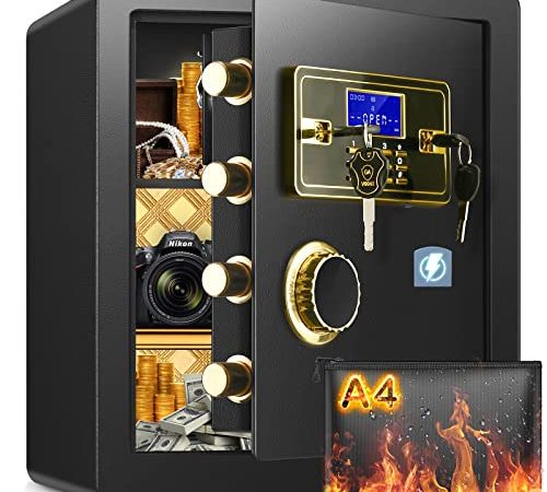 45L Safe Tresor Feuerfest mit Feuerfester Dokumententasche, Großer Digital Heimtresor mit Innenschloss und Herausnehmbarem Regal, Safe Tresor mit Quadruple Verriegelung, für Bargeld Schmuck Dokumente