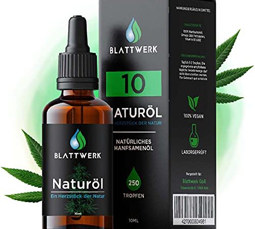 Blattwerk Hanfsamenöl 10 | 100% Naturrein | Deutsche Qualitätsmarke | Entspannung | Die Natürliche Alternative | Premium Hanfsamenöl mit Omega 3 & 6 | 10ml - 250 Tropfen reinste Natur…