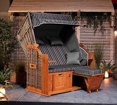 DERKORB Strandkorb 2 Sitzer Ostsee XXL Volllieger, fertig montiert mit Rollen, 137cm breit, ideal für Garten Terrasse Balkon
