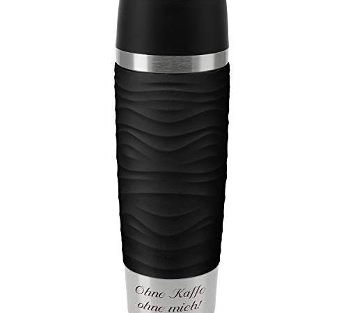 Emsa Thermobecher Travel Mug Waves Grande Schwarz 500 ml mit Rund-Gravur gelasert Edelstahl Soft-Touch-Manschette mit Quick Express Verschluss