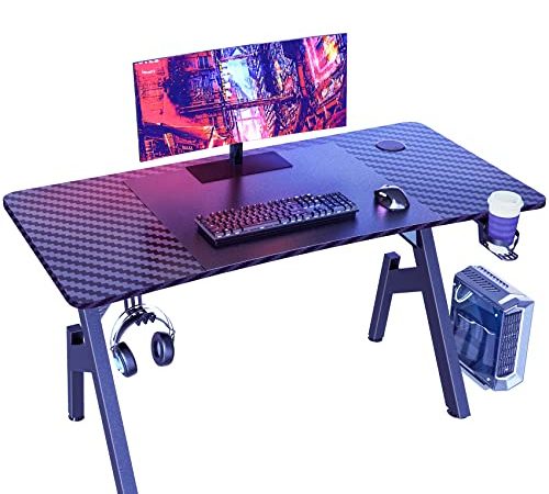 Ergonomischer Gaming-Schreibtisch, A-förmiger Gaming Tisch wasserdichte Kohlefaserplatte, PC-Tisch mit Getränkehalter, Kopfhörerhalter, schwarz
