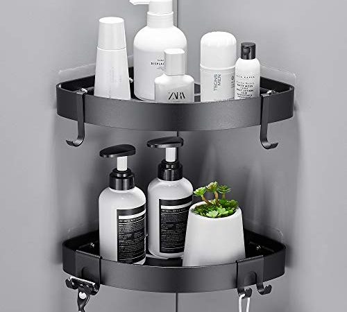 GERUIKE Duschregal Ohne Bohren Duschablage Schwarz Eckregal, Dreieck Duschkorb, Badregal Ohne Bohren, Badezimmer Regal Badregal, Eckregal Dusche für Bad Küche Toilette, Aluminium, 2 Stück