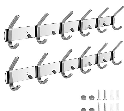Hakenleiste Kleiderhaken 2 Stück Wand Wandhaken Badzimmer Küche Tür Garderobe Garderobenhaken Edelstahl Polishing Process (Silber, 6 Haken)42cm,Zum Aufhängen von Jacken, Handtüchern, Schlüsseln