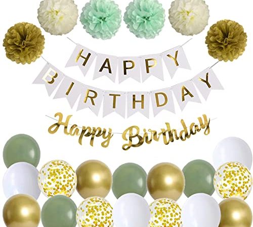 Happy Birthday Weiß Gold Geburtstag Party Deko Set Geburtstag Girlande Luftballons Grün Gold Ballons 6 Pompoms Geburtstagsdeko Mädchen