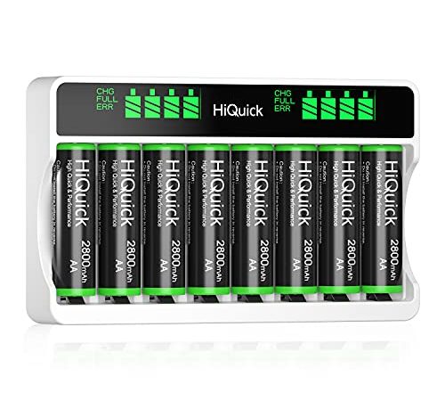 HiQuick Akku Ladegerät mit AA Akku 8 Stück, für Mignon AA, Micro AAA NI-MH/NI-CD wiederaufladbar Batterien, 8-Ladeplatz mit LCD Anzeige